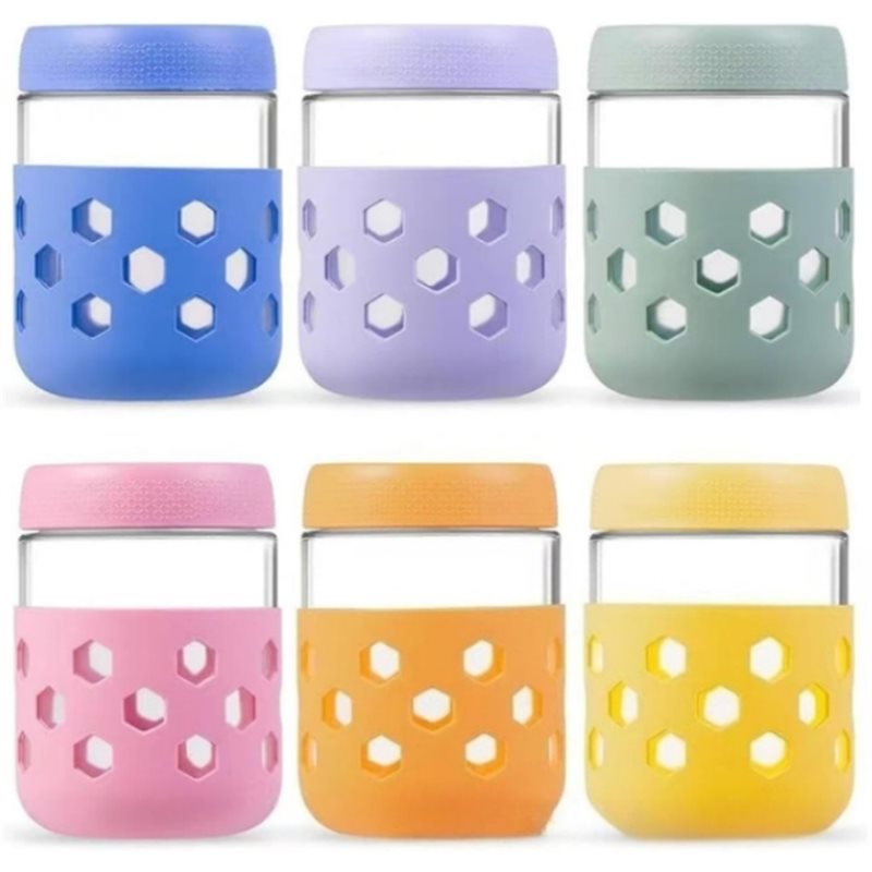 Meal Prep Glass - A26F-ขวดแก้วพร้อมฝาปิดสุญญากาศ, 1 ชุดขวดโอ๊ตมีลแบบค้างคืน (รวมฝาปิดและปลอกซิลิโคน), ภาชนะเตรียมอาหารปากกว้าง