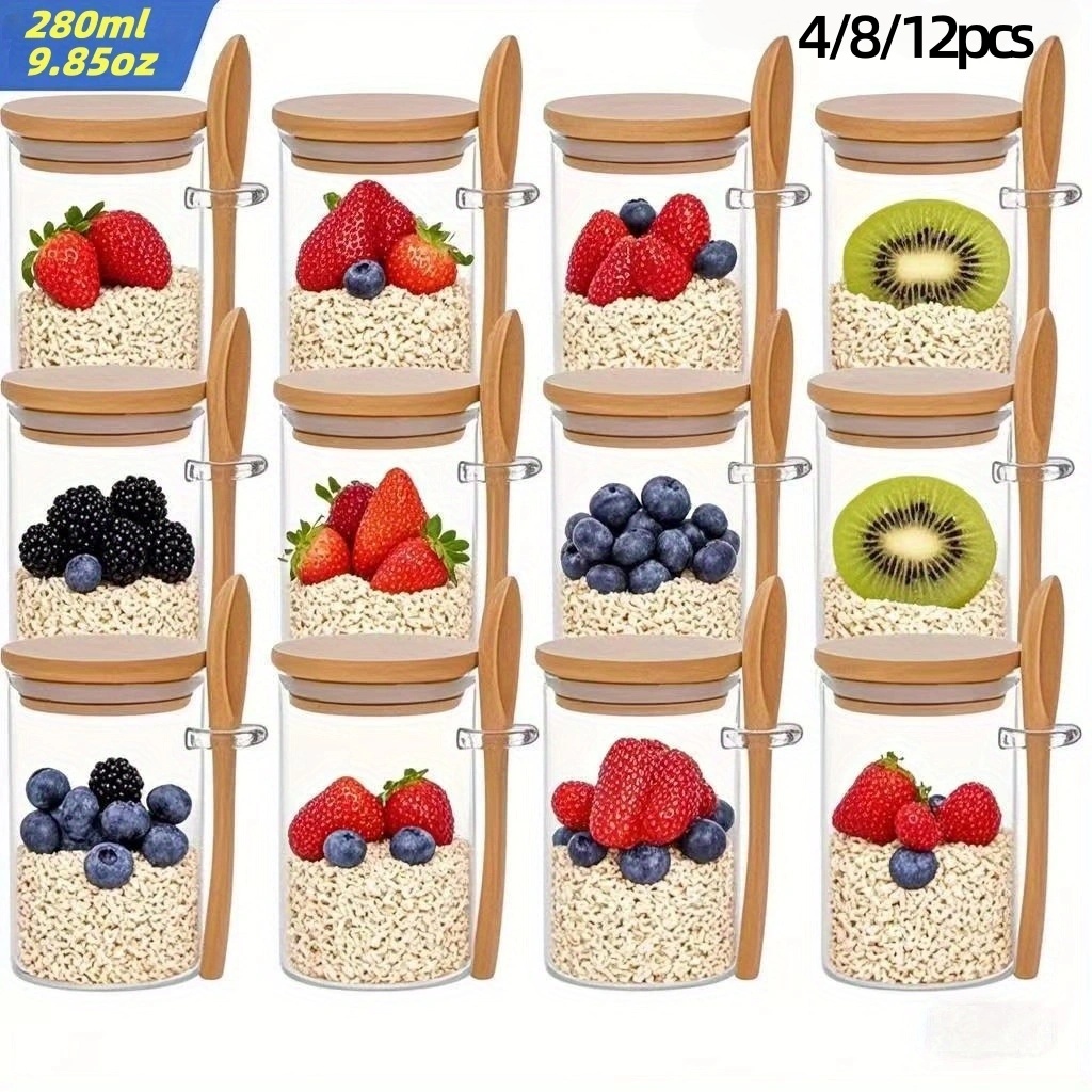 Meal Prep Glass - 4/8/12 ชิ้น, ถ้วยอาหารเช้าข้าวโอ๊ตพร้อมฝาปิด (9.85 ออนซ์/280 มล.),