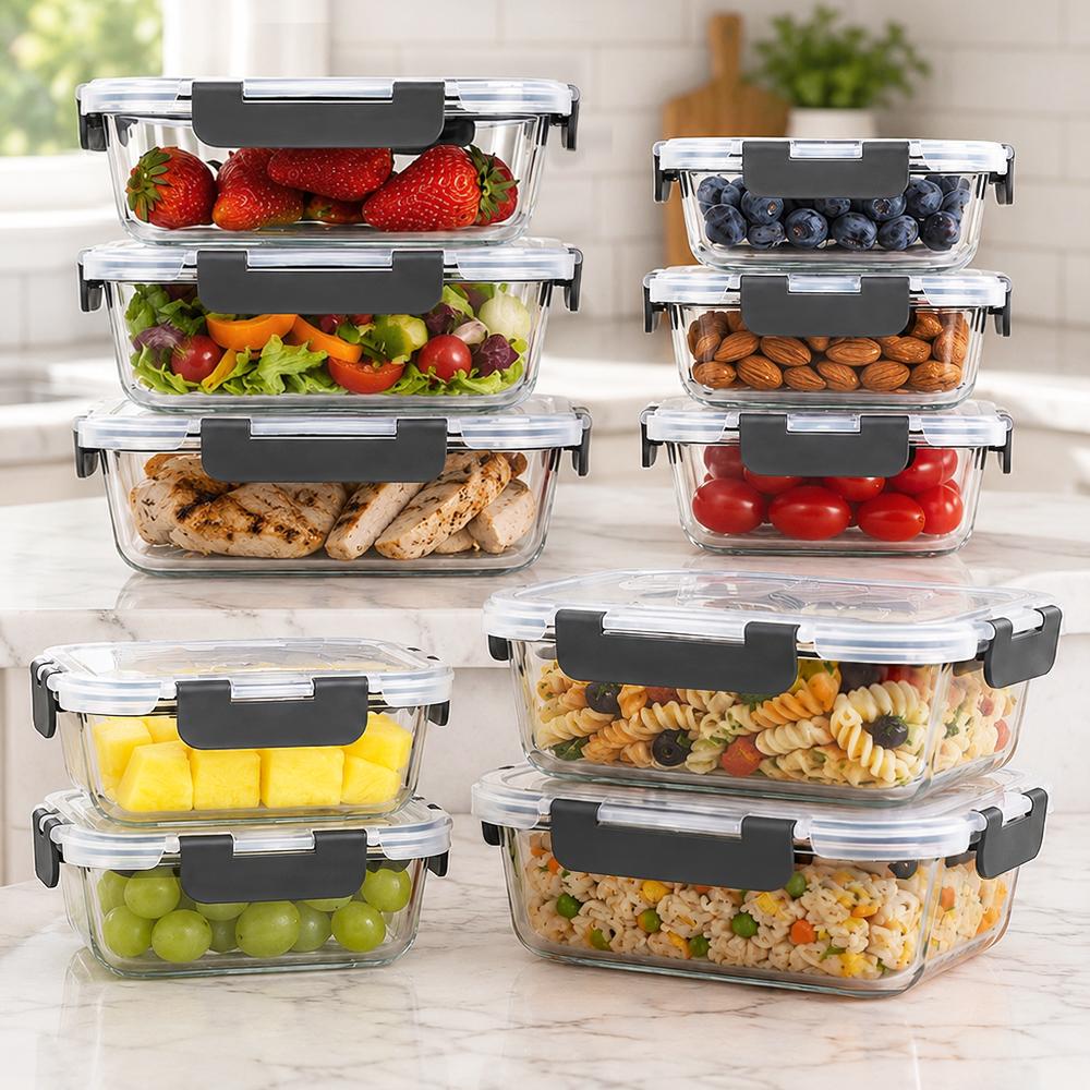 Meal Prep Weekly - ชุดภาชนะเก็บอาหารแก้ว 10 ชิ้น พร้อมฝาปิดล็อคแน่นสนิท ปราศจากสาร BPA